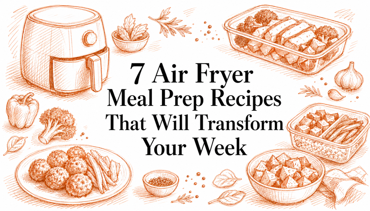 An illustrated layout featuring an air fryer, various meal prep containers with cooked food, and fresh ingredients like vegetables, emphasizing the theme of air fryer meal prep recipes.