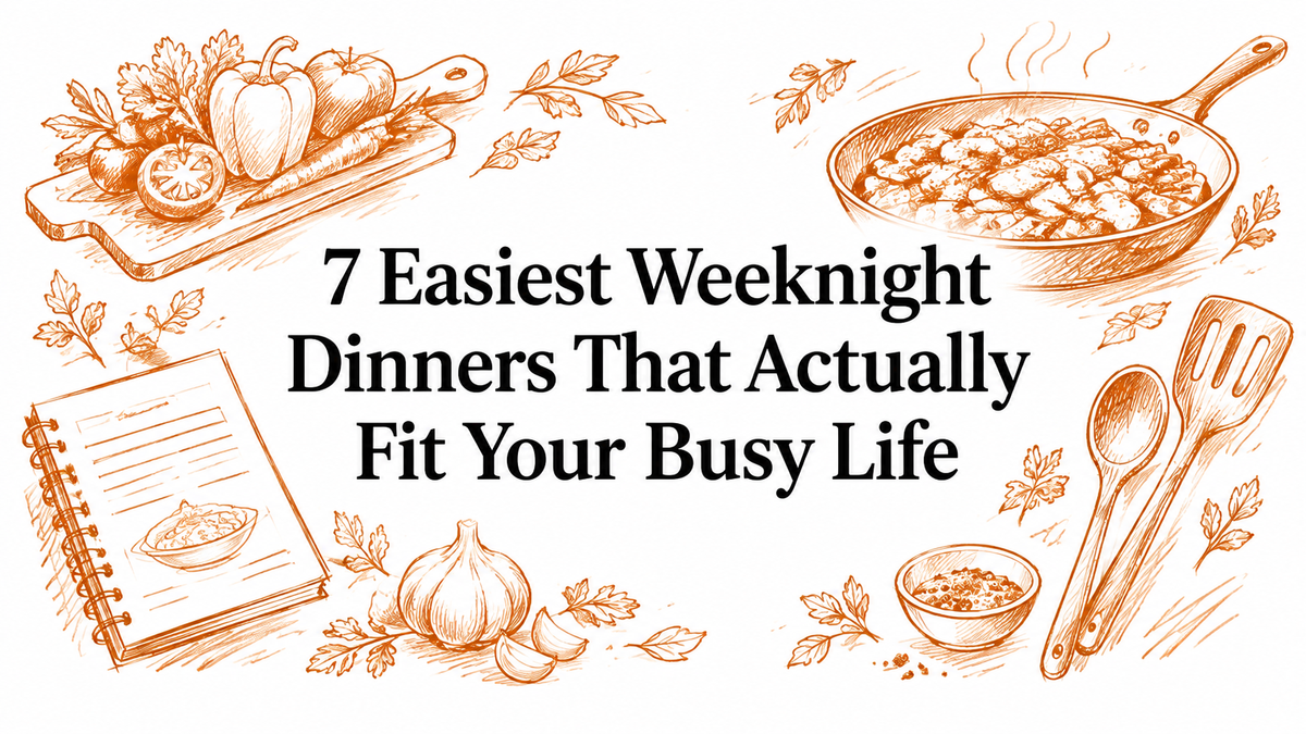 A hand-drawn illustration featuring various ingredients like peppers, garlic, and herbs, alongside a skillet and a recipe book, emphasizes the theme of easy weeknight dinners.