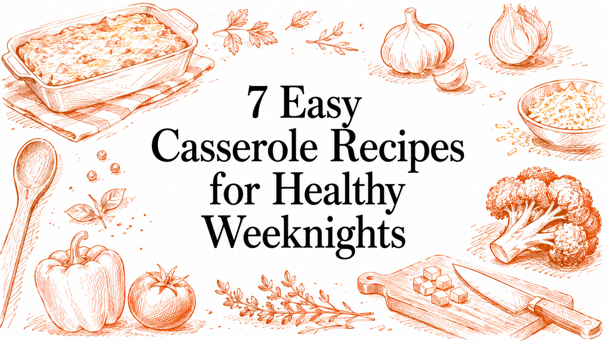 A hand-drawn illustration featuring a casserole dish, vegetables like broccoli, garlic, and tomatoes, along with a knife and cutting board, complements the title "7 Easy Casserole Recipes for Healthy Weeknights.