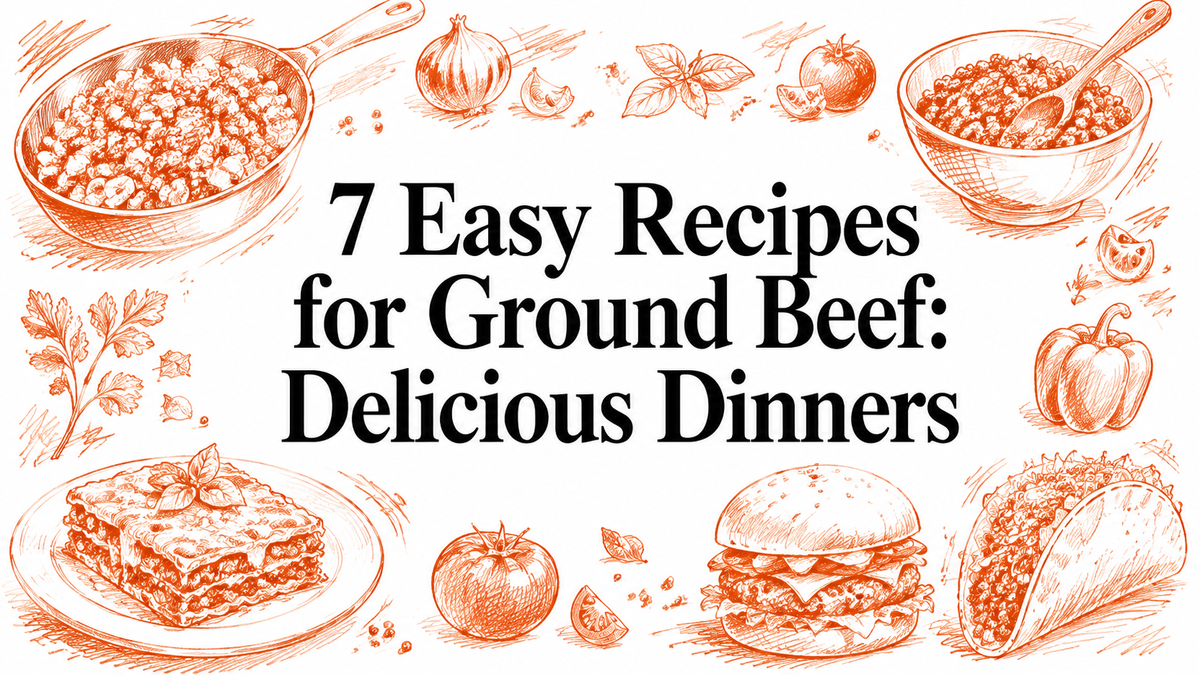 Illustrations of various dishes made with ground beef, including lasagna, burgers, and tacos, surrounded by decorative elements like vegetables and herbs, complementing the blog section on easy ground beef recipes.