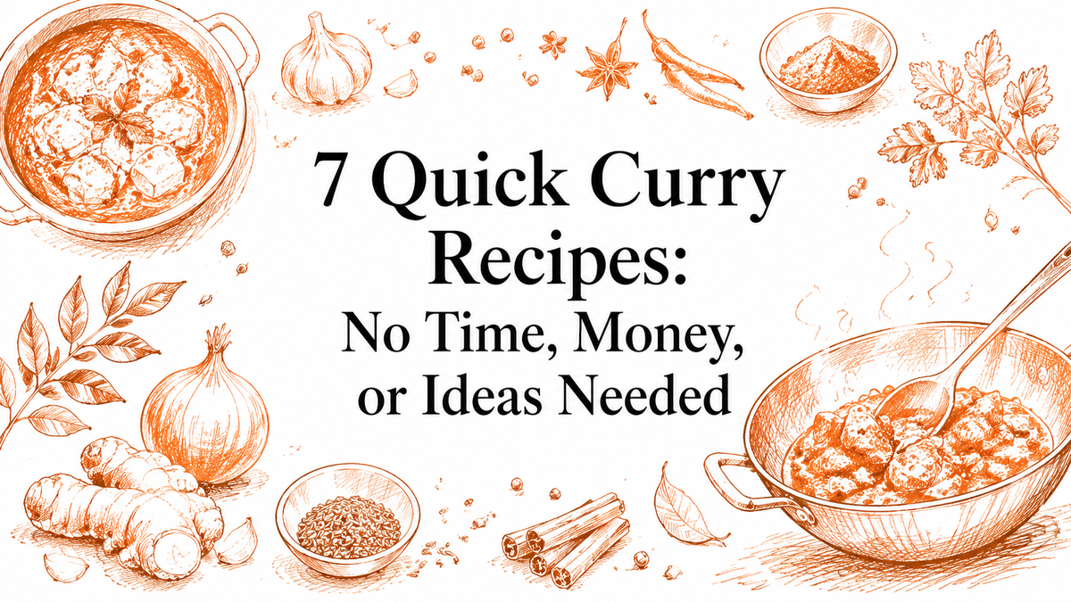 A decorative illustration featuring curry ingredients like spices, onions, garlic, and herbs, surrounding the title "7 Quick Curry Recipes: No Time, Money, or Ideas Needed" in bold text.