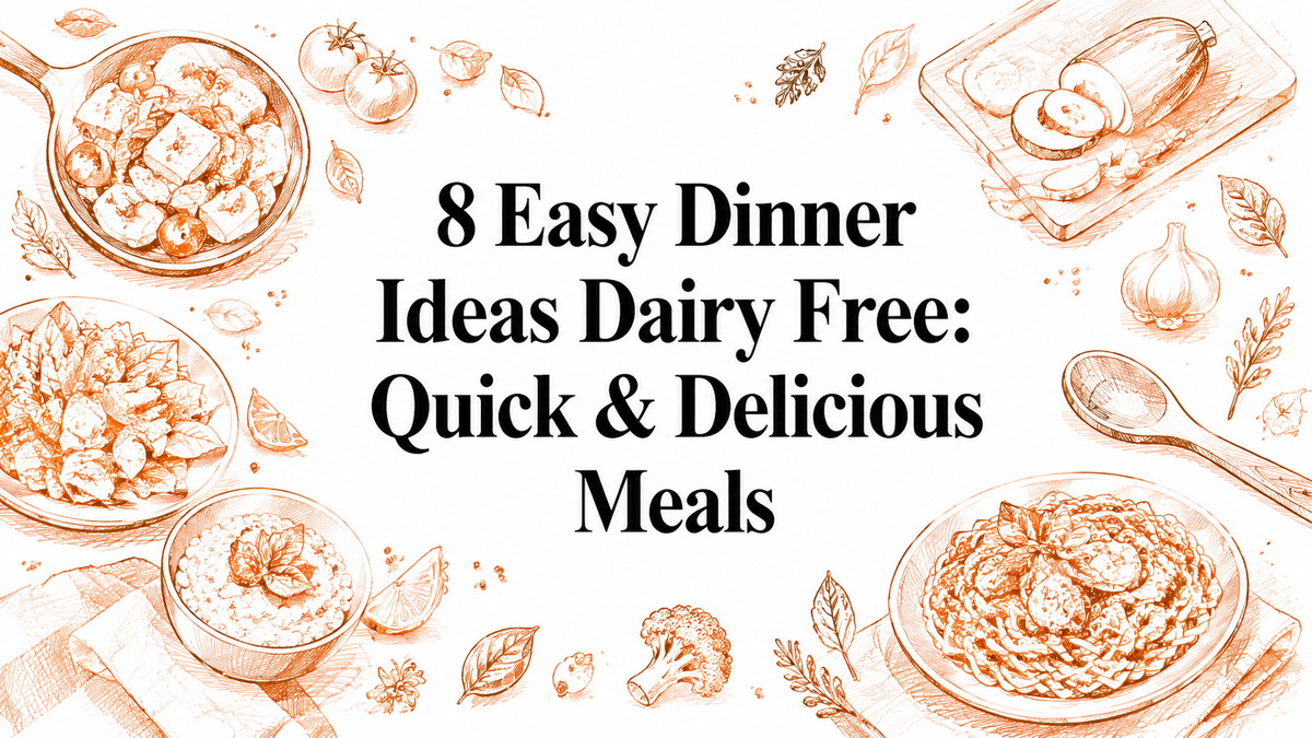 The image features a decorative layout with bowls of various dairy-free dishes, surrounded by illustrations of ingredients like vegetables and herbs, alongside the text highlighting "8 Easy Dinner Ideas Dairy Free: Quick & Delicious Meals.