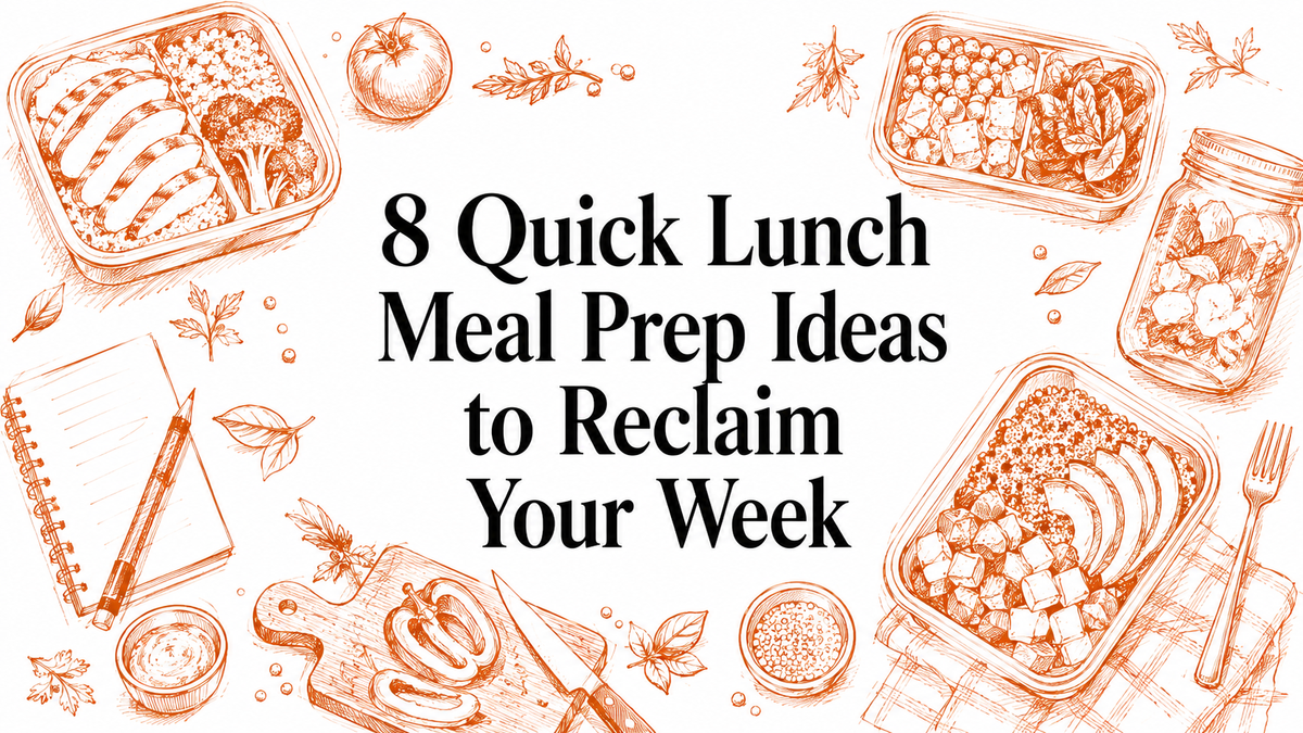 An illustrated layout features various meal prep containers filled with colorful vegetables, grains, and proteins, surrounded by a notepad and sliced ingredients, emphasizing quick and healthy lunch ideas.