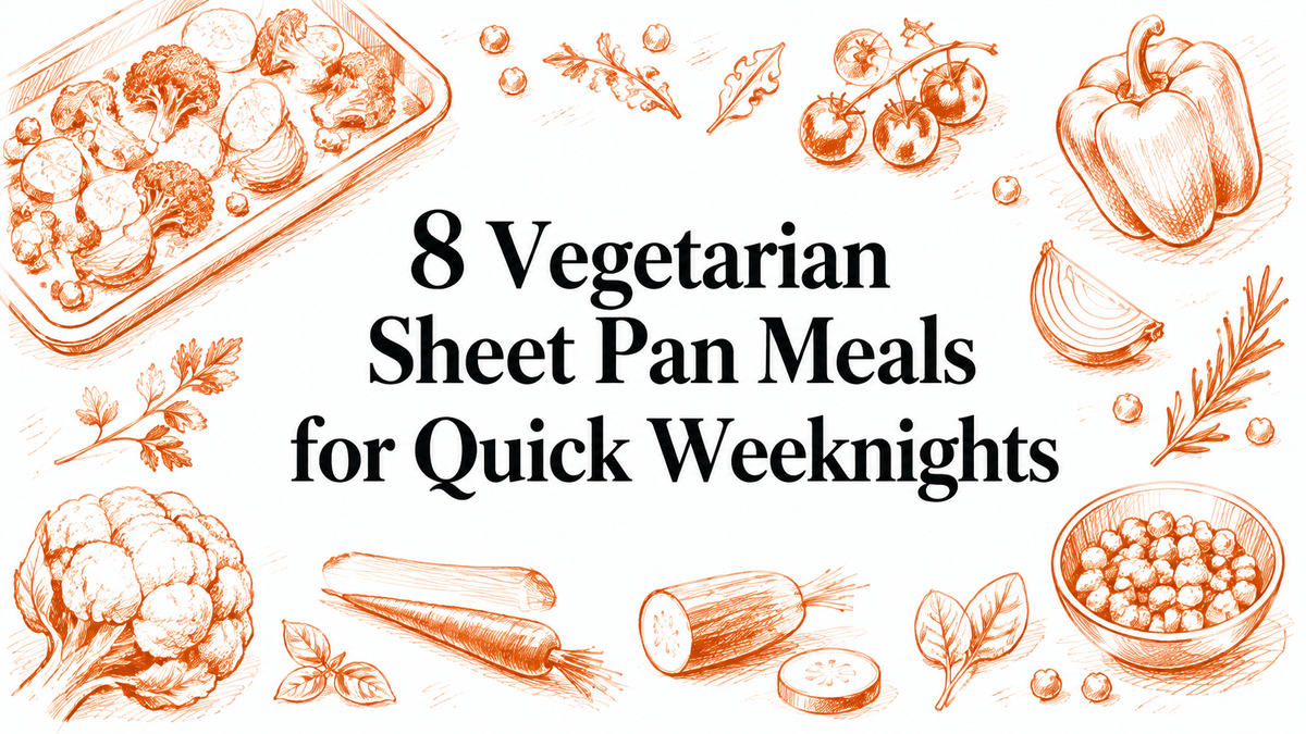 An illustrated design featuring various vegetables like broccoli, carrots, and bell peppers, surrounding the text "8 Vegetarian Sheet Pan Meals for Quick Weeknights" in a bold font.