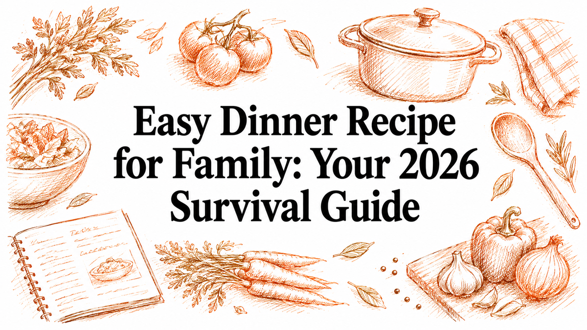 A hand-drawn illustration featuring a pot, vegetables, a bowl, a spoon, and a recipe book, surrounding the text "Easy Dinner Recipe for Family: Your 2026 Survival Guide.