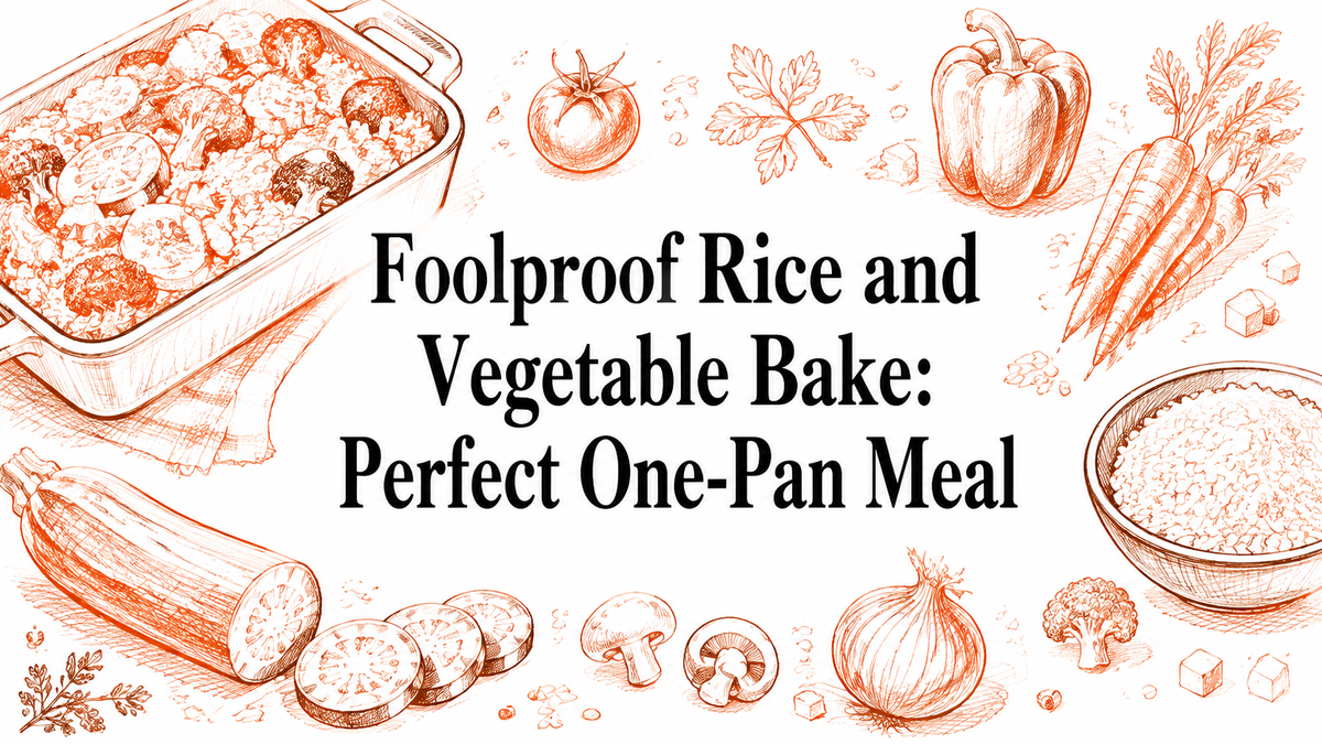 A hand-drawn illustration features a baking dish filled with rice and various vegetables, surrounded by fresh ingredients like tomatoes, peppers, carrots, and herbs, emphasizing a wholesome one-pan meal.