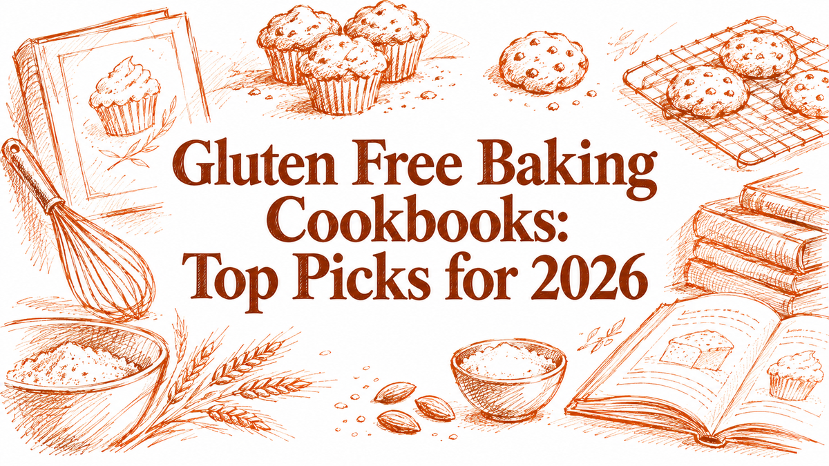 An illustrated layout featuring baking utensils, gluten-free ingredients, and cookbooks, highlighting the theme of gluten-free baking for 2026.