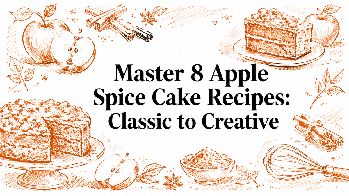 An illustrated banner featuring a layered apple spice cake on a pedestal, surrounded by apples, cinnamon sticks, and baking utensils, with the title "Master 8 Apple Spice Cake Recipes: Classic to Creative" prominently displayed.