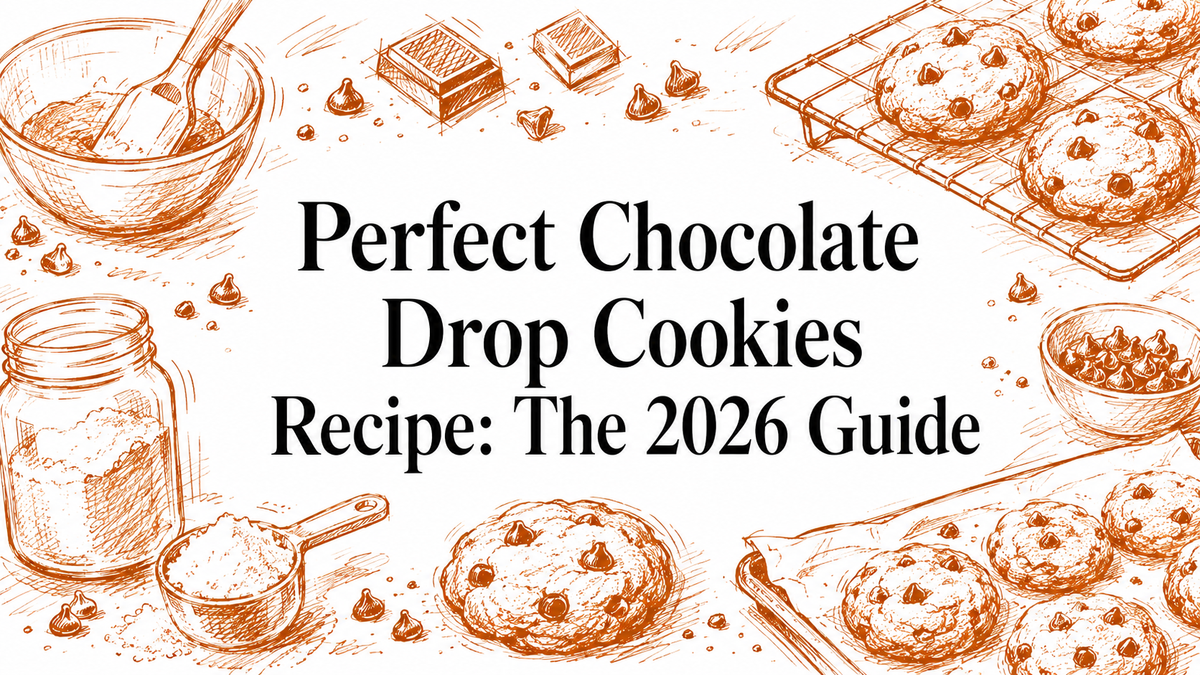 An illustrated layout featuring bowls, chocolate squares, and cookies, with the title "Perfect Chocolate Drop Cookies Recipe: The 2026 Guide" prominently displayed in a stylish font.