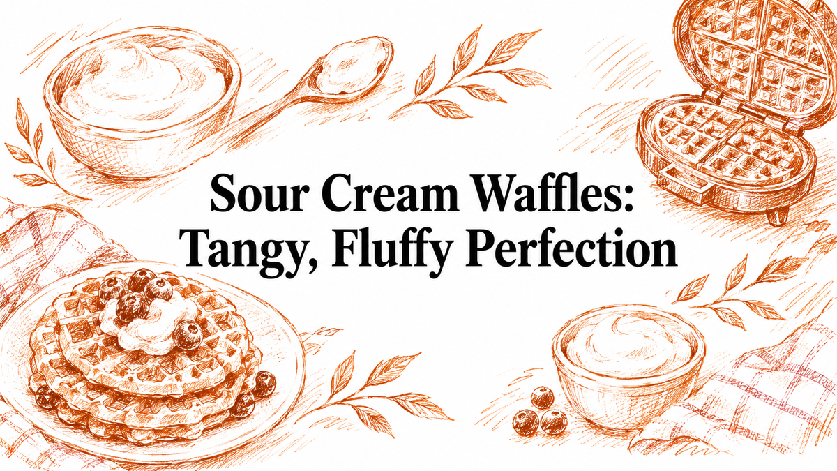 A beautifully illustrated scene featuring a stack of sour cream waffles topped with blueberries, a bowl of sour cream, and a waffle iron, all surrounded by decorative leaves and a checkered cloth.