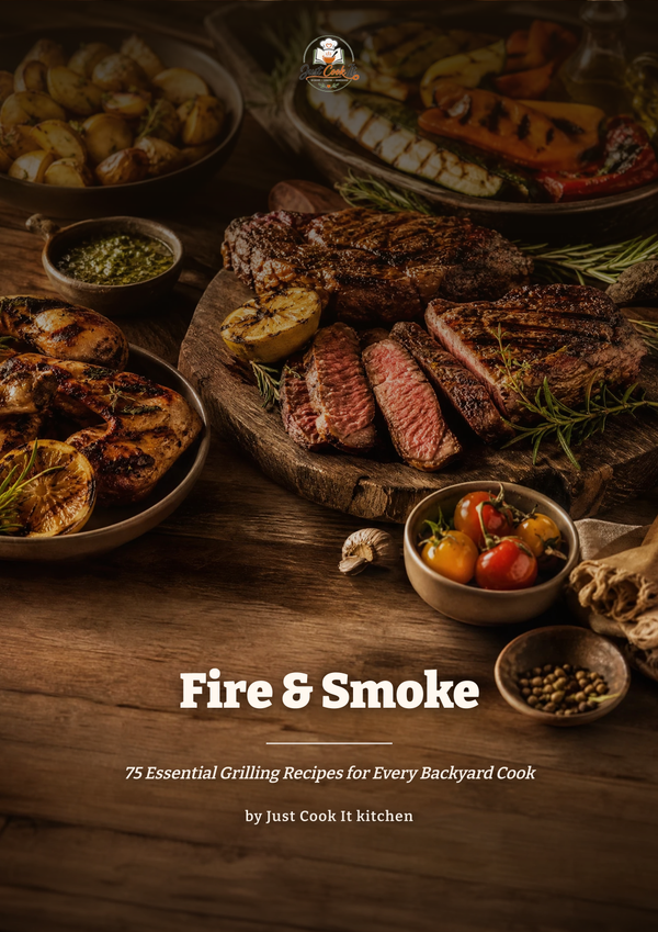 A rustic cookbook cover titled 'Fire & Smoke' featuring a beautifully arranged food spread of grilled meats, potatoes, and vegetables on a wooden table, with the subtitle '75 Essential Grilling Recipes for Every Backyard Cook by Just Cook It kitchen'.