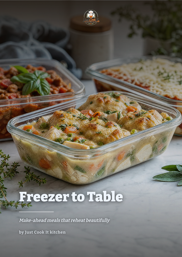 Freezer to Table digital cookbook cover – 75 make-ahead freezer meal recipes in PDF format