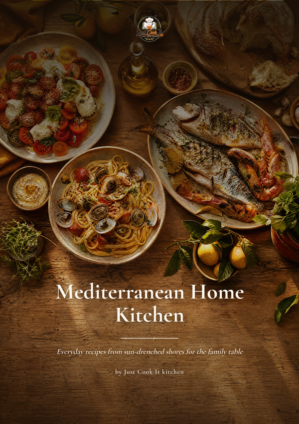 A rustic kitchen scene with multiple prepared dishes on a wooden table, including pasta, seafood, and a salad, with overlaid text reading 'Mediterranean Home Kitchen' and a small logo at the top.