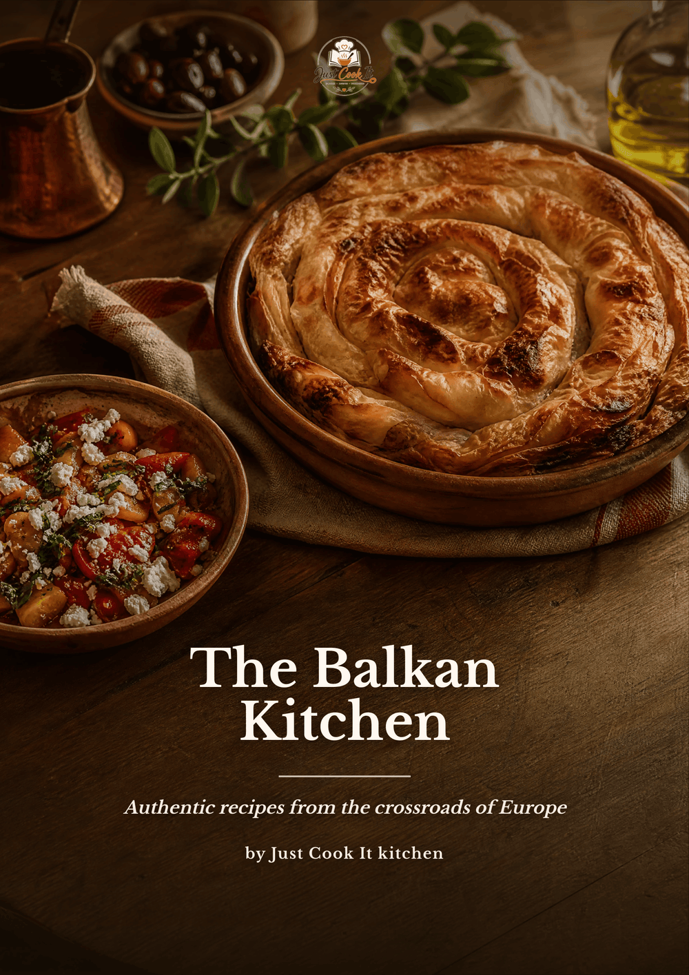 A rustic food photography cover for 'The Balkan Kitchen' by Just Cook It kitchen, featuring a golden-brown baked pastry in a round wooden dish on a dark wooden table, surrounded by bowls of food and herbs.