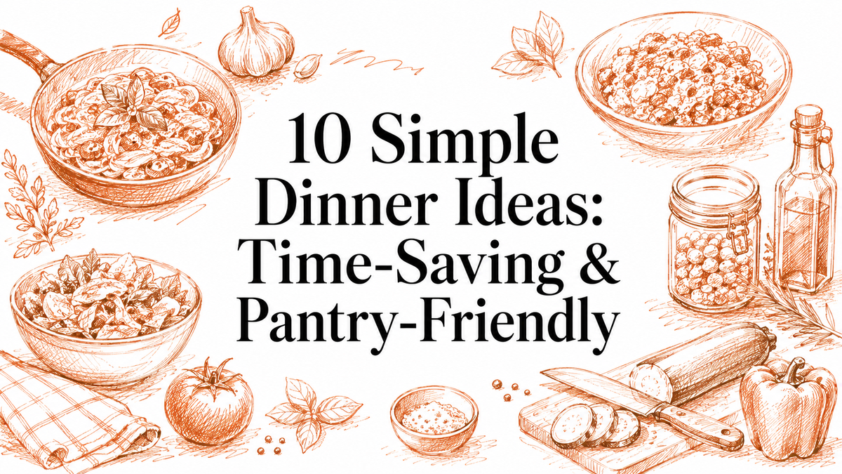 A hand-drawn illustration featuring various ingredients like pasta, vegetables, and a jar, highlighting simple dinner ideas.