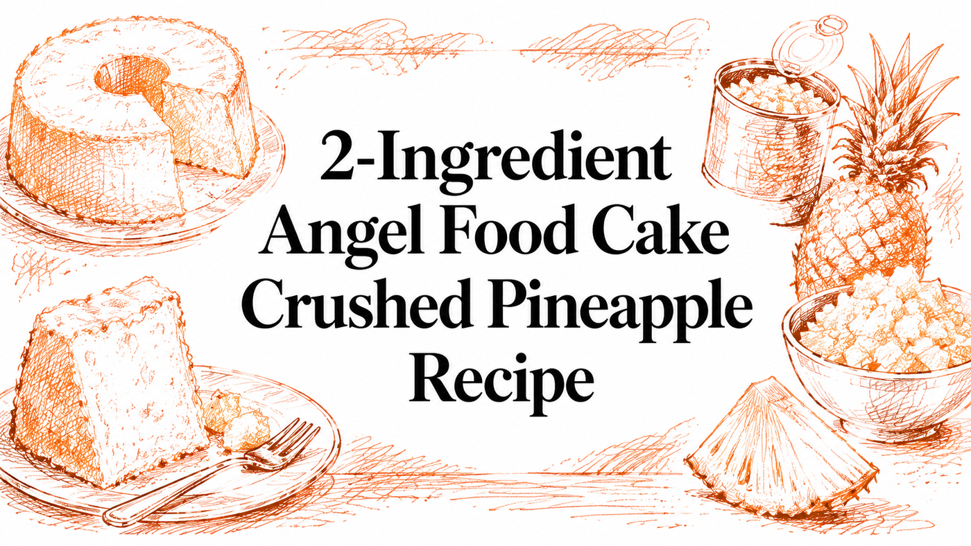 A hand-drawn illustration featuring a slice of angel food cake, a whole cake, crushed pineapple in a bowl, and a pineapple, with the text "2-Ingredient Angel Food Cake Crushed Pineapple Recipe" prominently displayed.