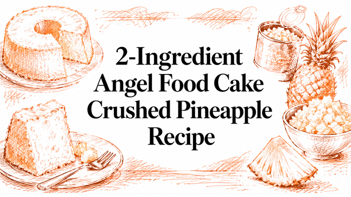 A hand-drawn illustration featuring a slice of angel food cake, a whole cake, crushed pineapple in a bowl, and a pineapple, with the text "2-Ingredient Angel Food Cake Crushed Pineapple Recipe" prominently displayed.