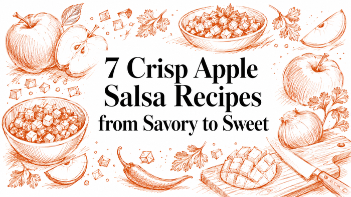 An illustrated layout featuring bowls of apple salsa, fresh apples, herbs, and a knife, with the text "7 Crisp Apple Salsa Recipes from Savory to Sweet" prominently displayed in the center.