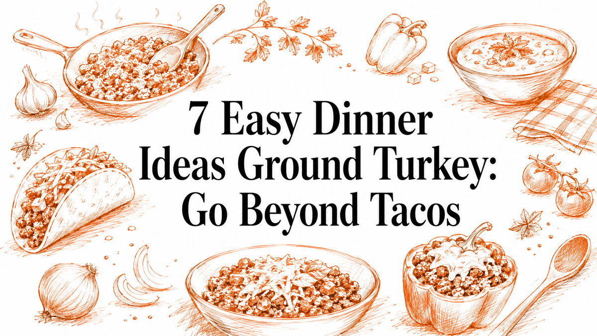 Illustrations of various dishes featuring ground turkey, including tacos, bowls of soup, and salads, surrounded by fresh ingredients like garlic, tomatoes, and peppers, with the title "7 Easy Dinner Ideas Ground Turkey: Go Beyond Tacos" prominently d