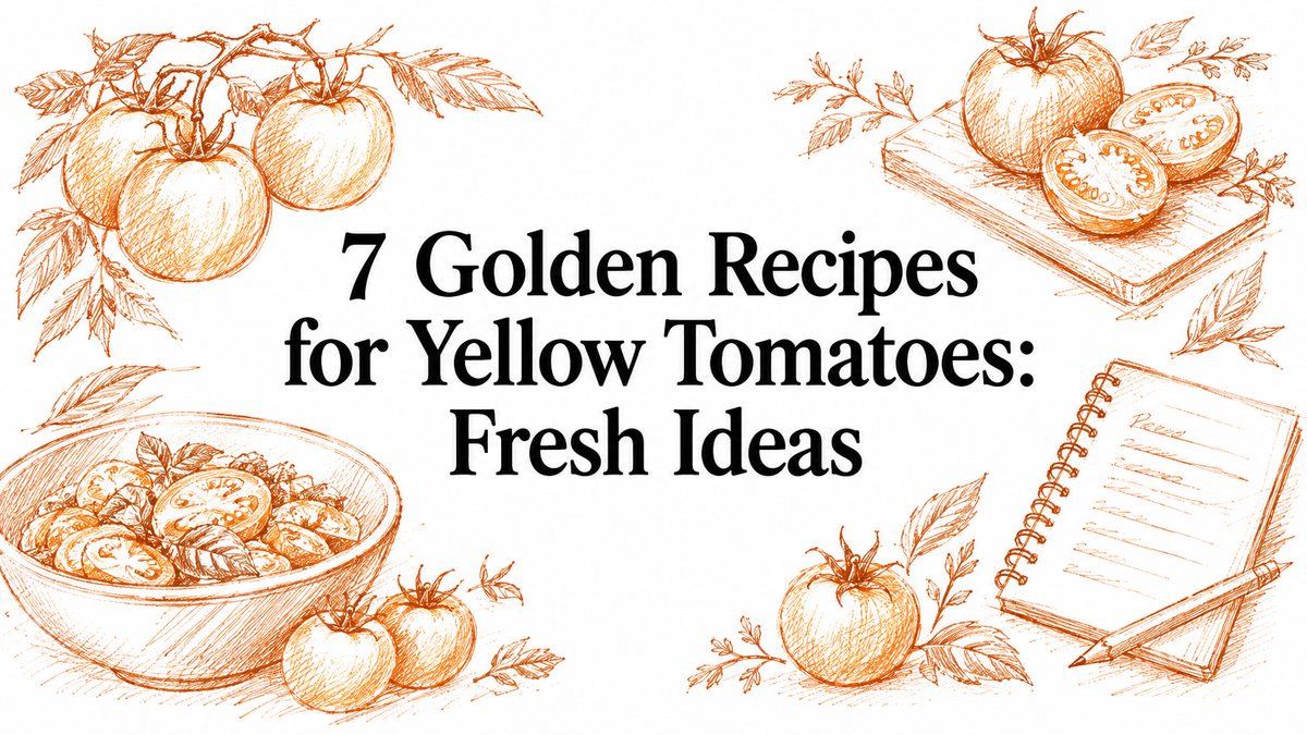 A decorative illustration featuring yellow tomatoes, a bowl of sliced tomatoes, and a notepad, accompanied by the text "7 Golden Recipes for Yellow Tomatoes: Fresh Ideas" in a bold font.