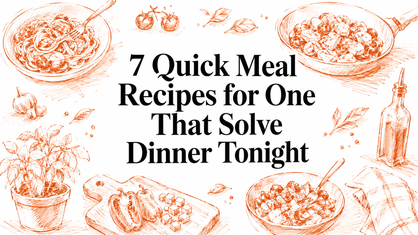 A hand-drawn illustration featuring various meal ingredients and dishes, including pasta, vegetables, and a salad, surrounding the text "7 Quick Meal Recipes for One That Solve Dinner Tonight.