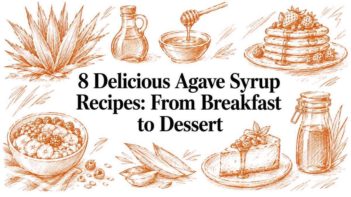 An illustrated collage featuring agave plants, syrup in a jar, a bowl of syrup, pancakes topped with syrup, a dessert slice drizzled with syrup, and a bowl of fruit, all highlighting various uses of agave syrup in recipes.