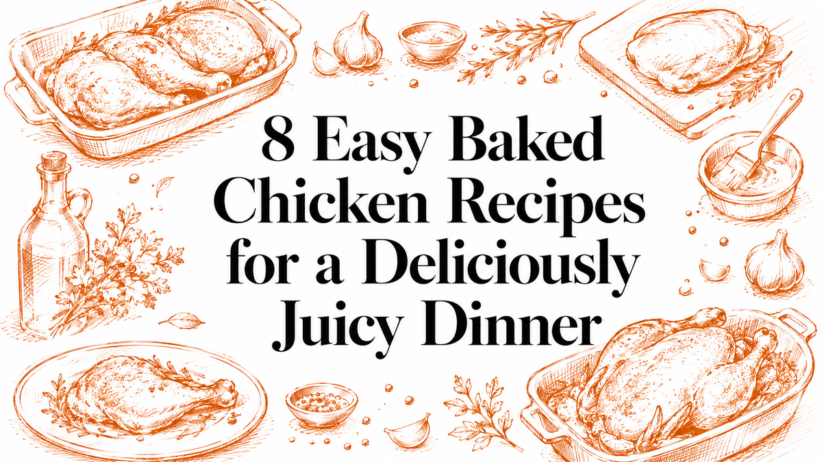 A decorative illustration featuring baked chicken in dishes, garlic, herbs, and cooking utensils, with the text highlighting "8 Easy Baked Chicken Recipes for a Deliciously Juicy Dinner.