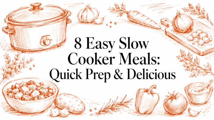 A hand-drawn illustration featuring a slow cooker, fresh vegetables, and a bowl of soup, accompanied by the text "8 Easy Slow Cooker Meals: Quick Prep & Delicious.