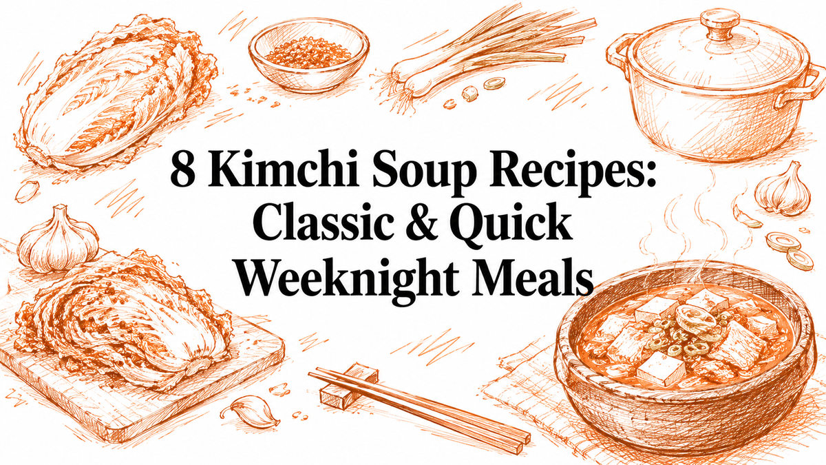 A hand-drawn illustration featuring ingredients for kimchi soup, including napa cabbage, garlic, green onions, and a bowl of soup, with the text "8 Kimchi Soup Recipes: Classic & Quick Weeknight Meals" prominently displayed.