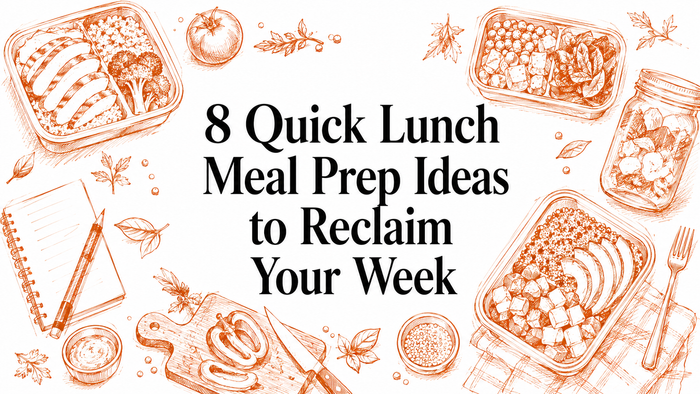 An illustrated layout features various meal prep containers filled with colorful vegetables, grains, and proteins, surrounded by a notepad and sliced ingredients, emphasizing quick and healthy lunch ideas.