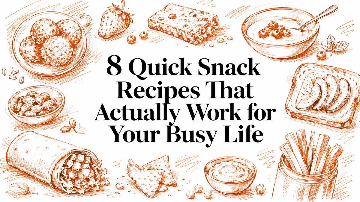 An illustrated layout featuring various snacks such as energy balls, yogurt with fruit, a granola bar, a wrap, and sliced fruit, surrounded by text highlighting "8 Quick Snack Recipes That Actually Work for Your Busy Life.