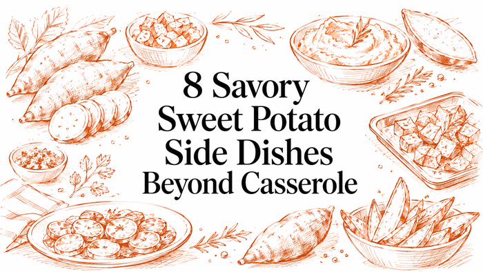 An illustrated layout featuring various sweet potato dishes, including mashed sweet potatoes, roasted cubes, and garnishes, with the title "8 Savory Sweet Potato Side Dishes Beyond Casserole" prominently displayed in the center.