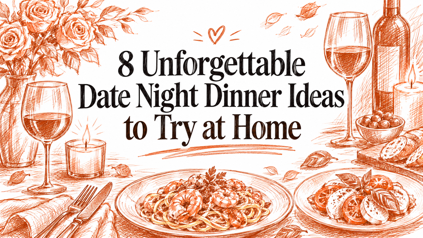 A romantic dinner setting featuring two plates of pasta and strawberries, surrounded by wine glasses, candles, roses, and a bottle of wine, all illustrated in a warm, inviting style.