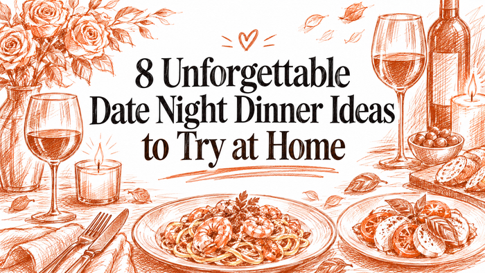 A romantic dinner setting featuring two plates of pasta and strawberries, surrounded by wine glasses, candles, roses, and a bottle of wine, all illustrated in a warm, inviting style.