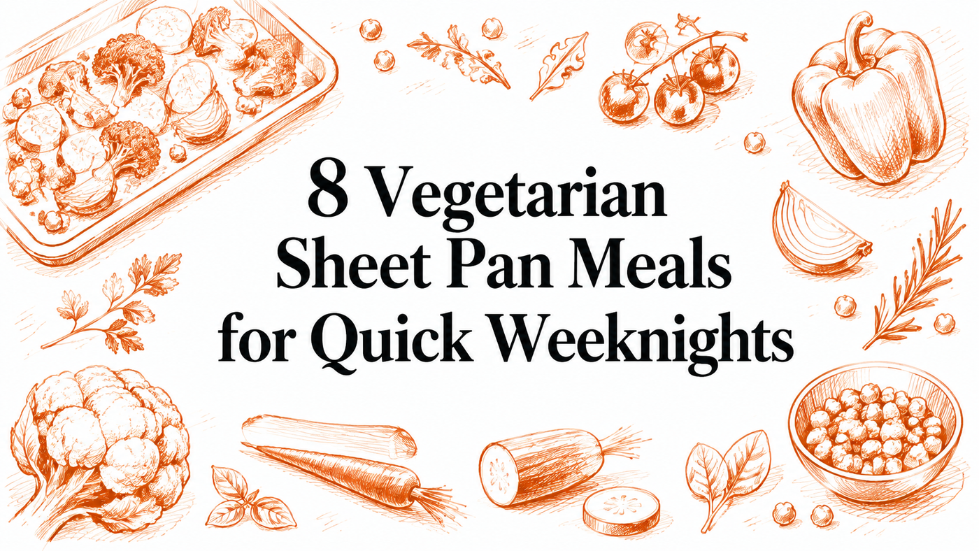 An illustrated design featuring various vegetables like broccoli, carrots, and bell peppers, surrounding the text "8 Vegetarian Sheet Pan Meals for Quick Weeknights" in a bold font.