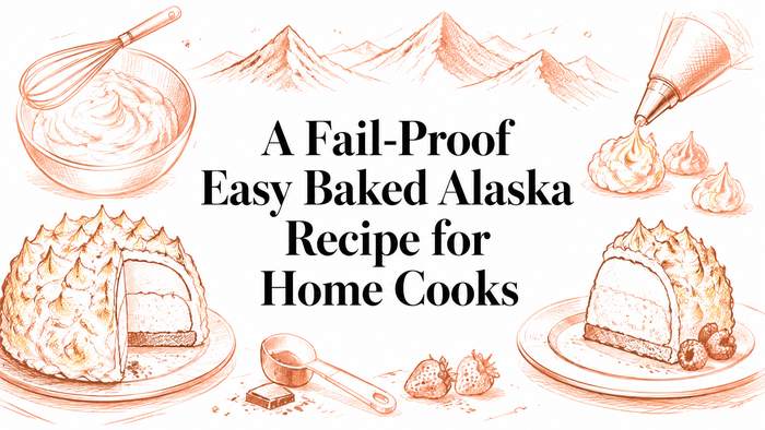 The image features a hand-drawn illustration of a Baked Alaska dessert, with a slice cut out to reveal layers of cake and ice cream, surrounded by decorative elements like mountains, a whisk, and piping tools, all in a warm color palette.