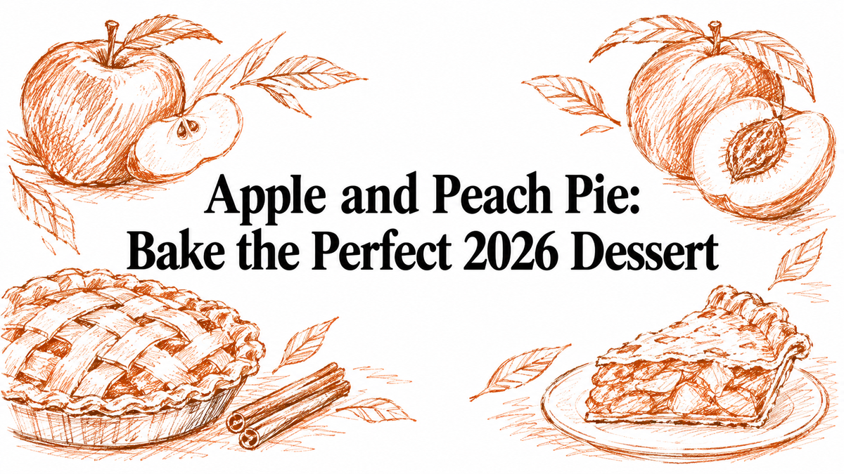 An illustration featuring a pie with a lattice crust, surrounded by apples and peaches, along with cinnamon sticks, and the text "Apple and Peach Pie: Bake the Perfect 2026 Dessert" prominently displayed.