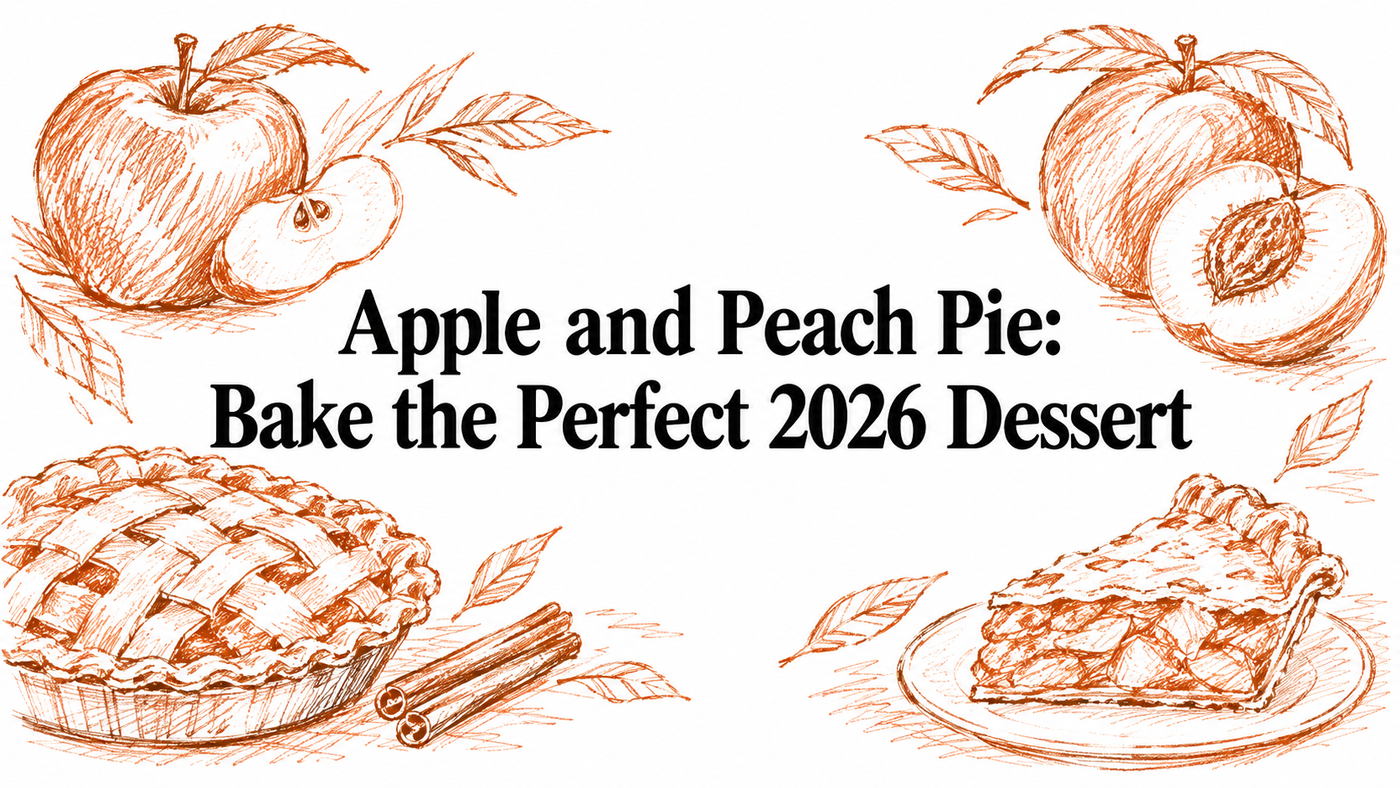 An illustration featuring a pie with a lattice crust, surrounded by apples and peaches, along with cinnamon sticks, and the text "Apple and Peach Pie: Bake the Perfect 2026 Dessert" prominently displayed.