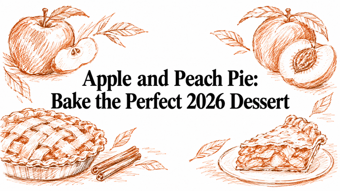 An illustration featuring a pie with a lattice crust, surrounded by apples and peaches, along with cinnamon sticks, and the text "Apple and Peach Pie: Bake the Perfect 2026 Dessert" prominently displayed.