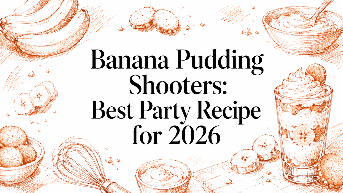 An illustrated banner featuring bananas, cookies, a whisk, and a glass of banana pudding, with the text "Banana Pudding Shooters: Best Party Recipe for 2026" prominently displayed in an elegant font.