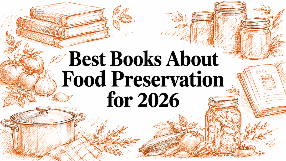 An illustrated layout featuring books, jars, and a pot, surrounded by fruits and vegetables, with the text "Best Books About Food Preservation for 2026" prominently displayed in the center.