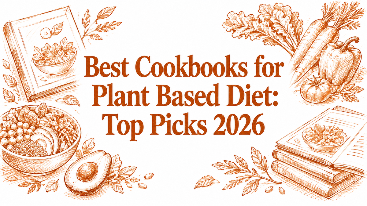 An illustration featuring a bowl of salad, an avocado, and various vegetables, surrounded by cookbooks, highlighting the theme of plant-based cooking for a blog about top cookbook picks for 2026.