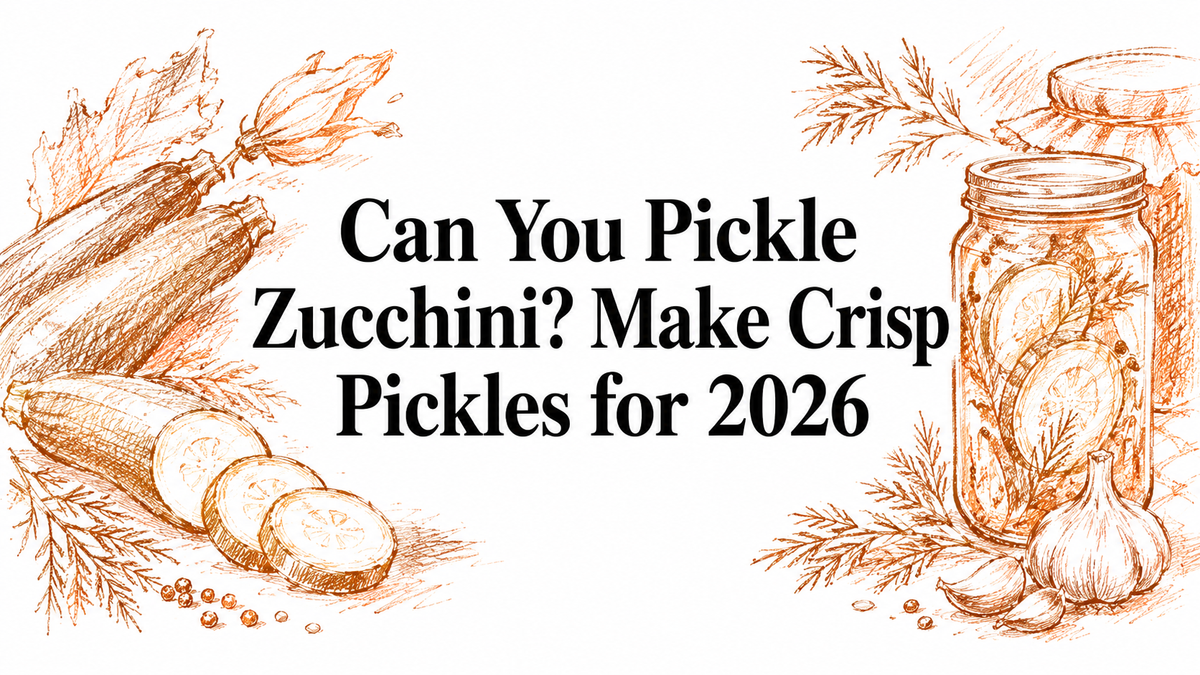 The image features hand-drawn illustrations of zucchini, garlic, and herbs alongside a jar of pickles, with the text "Can You Pickle Zucchini? Make Crisp Pickles for 2026" prominently displayed in the center.