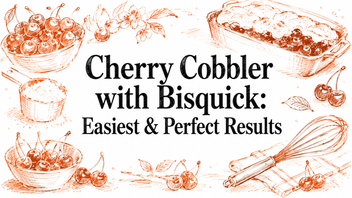 A hand-drawn illustration featuring cherries, a bowl of sugar, a whisk, and a baking dish, all surrounding the title "Cherry Cobbler with Bisquick: Easiest & Perfect Results.