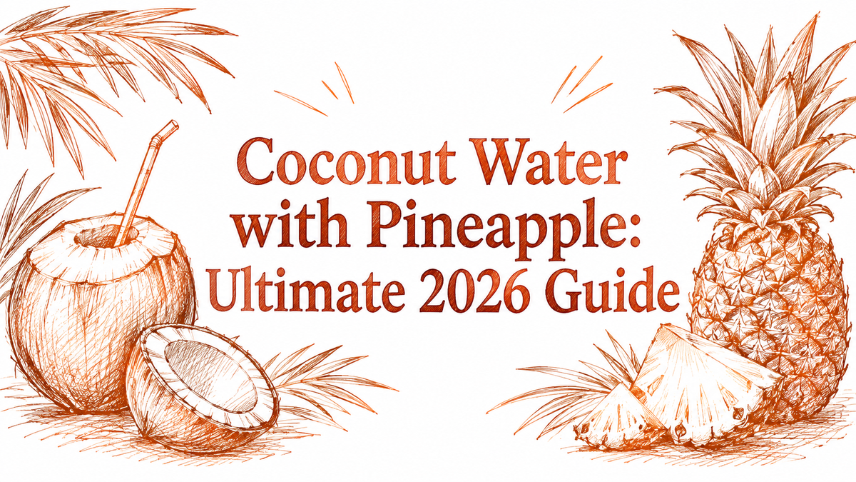 A hand-drawn illustration featuring a coconut with a straw, a pineapple, and tropical leaves, accompanied by the text "Coconut Water with Pineapple: Ultimate 2026 Guide" in an elegant font.