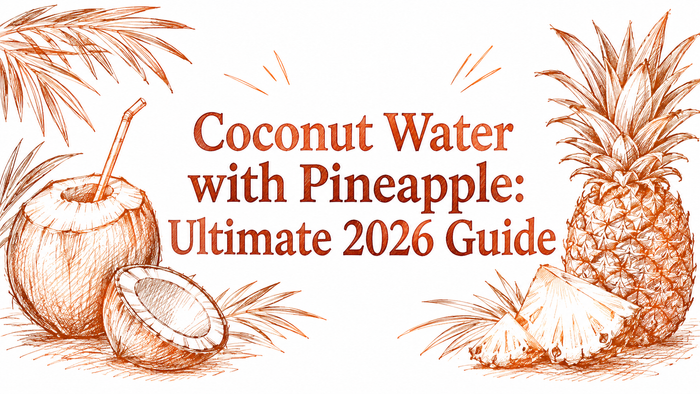 A hand-drawn illustration featuring a coconut with a straw, a pineapple, and tropical leaves, accompanied by the text "Coconut Water with Pineapple: Ultimate 2026 Guide" in an elegant font.