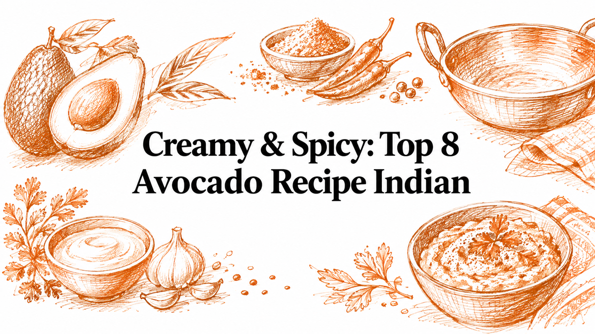 An illustration featuring avocados, spices, herbs, and bowls, emphasizing a creamy and spicy theme for Indian avocado recipes.