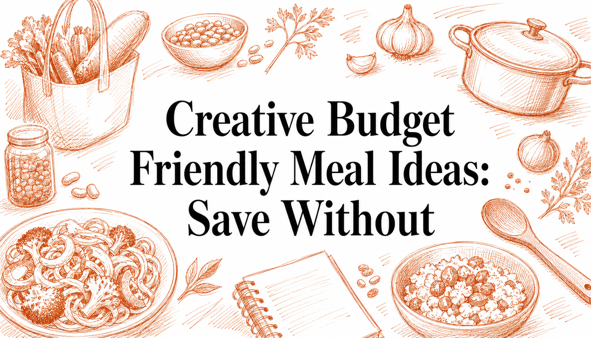 A hand-drawn illustration featuring a variety of fresh vegetables, a pot, bowls of ingredients, and a notebook, emphasizing budget-friendly meal ideas.