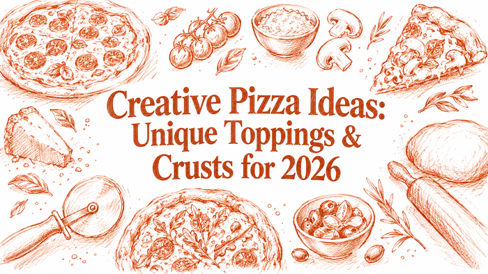 A hand-drawn illustration featuring various pizza styles, toppings like mushrooms and olives, and kitchen tools, with the text "Creative Pizza Ideas: Unique Toppings & Crusts for 2026" prominently displayed in the center.