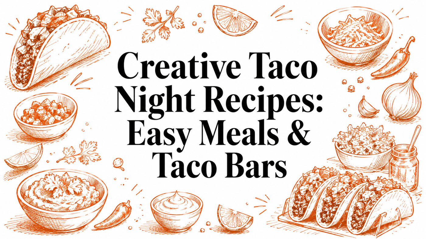 A vibrant illustration featuring tacos, bowls of toppings, and ingredients like onions and lime, surrounding the text "Creative Taco Night Recipes: Easy Meals & Taco Bars" in a bold font.